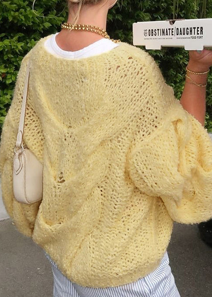 Handmade Yellow O Neck Knit Sweater Tops Lantern Sleeve
