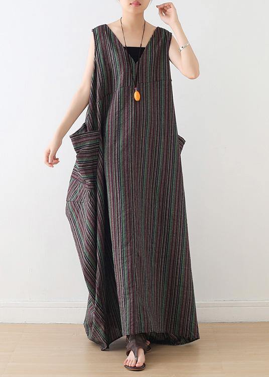 Handmade V Neck Cotton Clothes Linen Striped Maxi Dresses Summer
