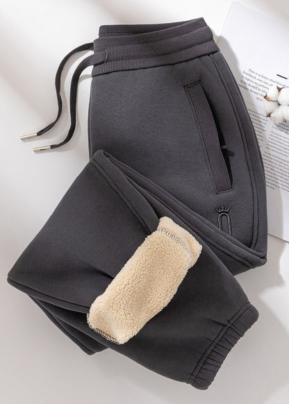 Grey Pockets Elastic Waist Teddy Warm Fleece Pants Winter