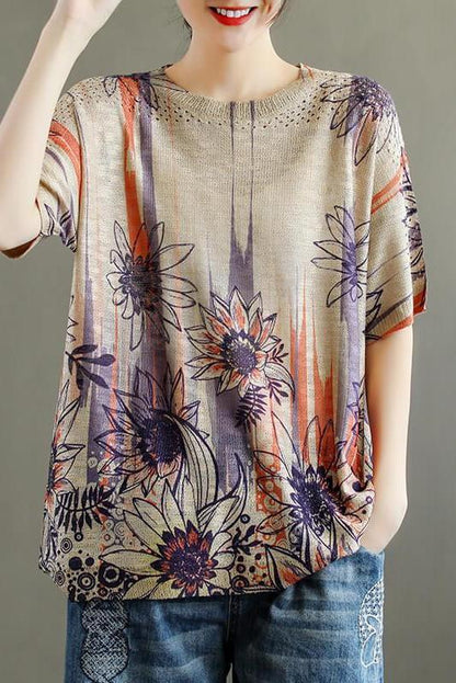 Hollow Out Knitted Print O Neck Short Sleeve T-shirt