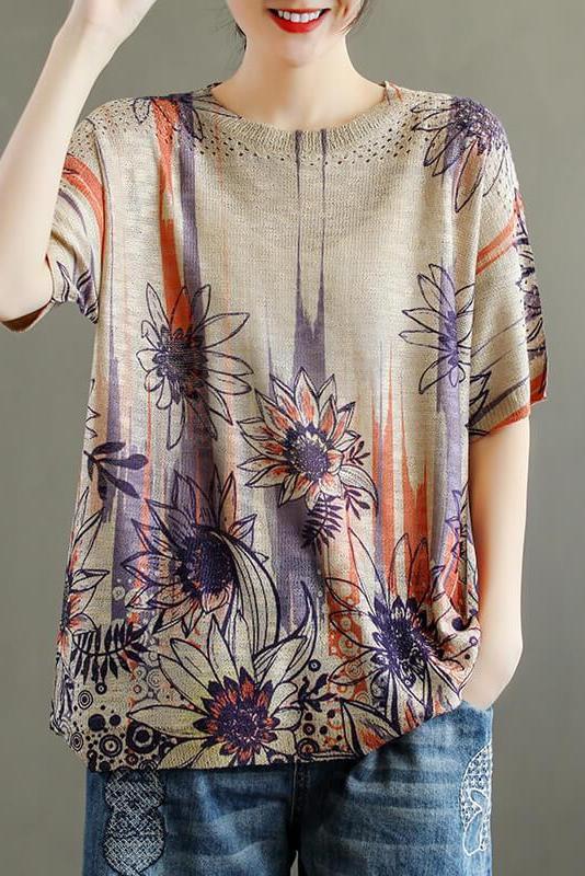 Hollow Out Knitted Print O Neck Short Sleeve T-shirt
