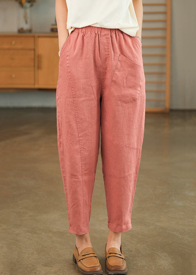 Loose Pink Pockets Linen Crop Pants Summer