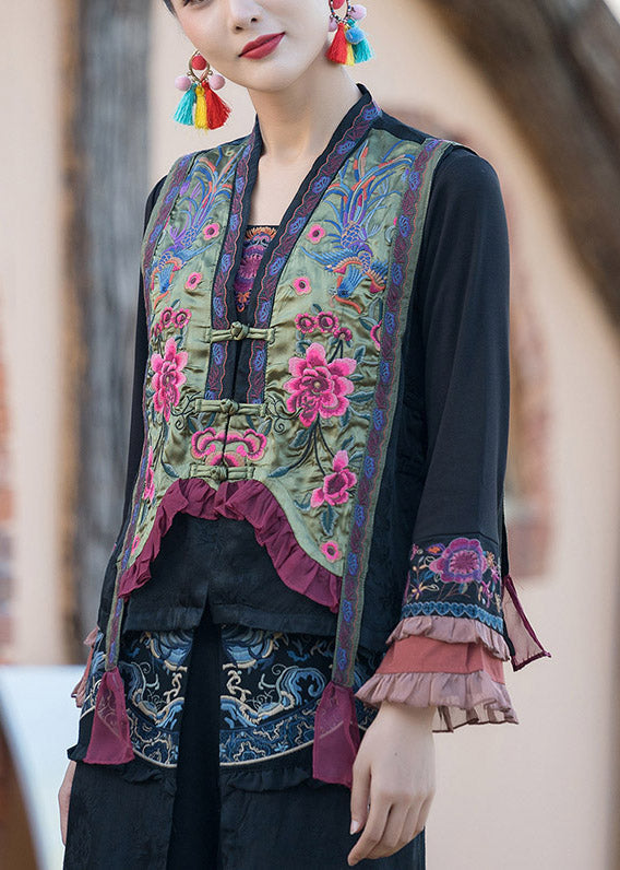 Green V Neck Embroidered Button Satins Waistcoat Spring