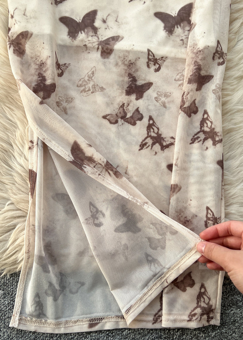 Beige Butterfly Side Open Tulle Summer Dress