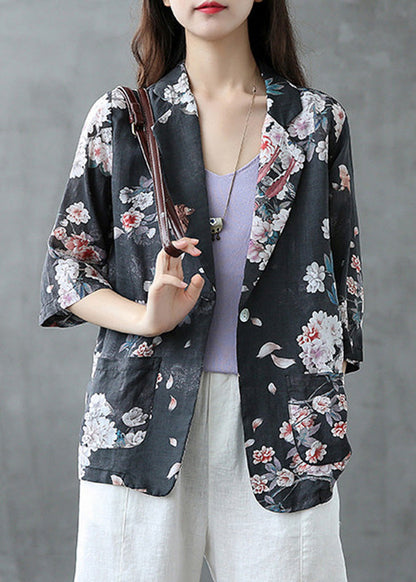 Red Peter Pan Collar Print Button Linen Coats Summer
