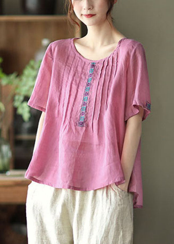 Rose Linen Tank Tops O-neck Wrinkled Short Sleeve