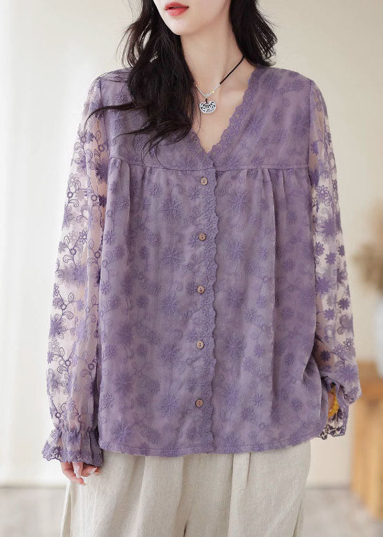 Boutique Purple V Neck Embroidered Patchwork Lace Top Long Sleeve