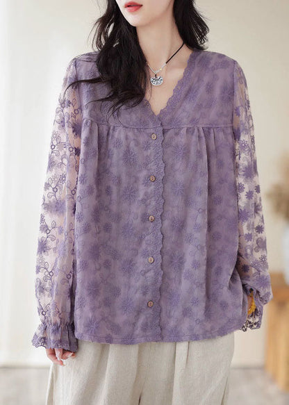 Boutique Purple V Neck Embroidered Patchwork Lace Top Long Sleeve