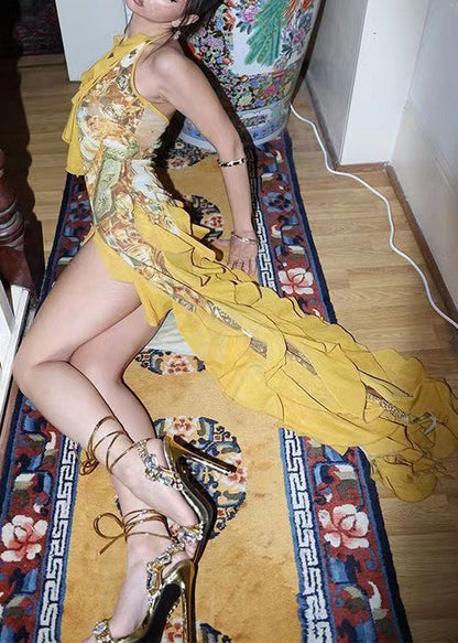 Yellow Lace Up Ruffled Print Cotton Dress Sleeveless