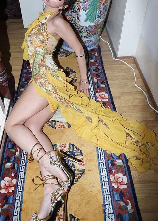 Yellow Lace Up Ruffled Print Cotton Dress Sleeveless