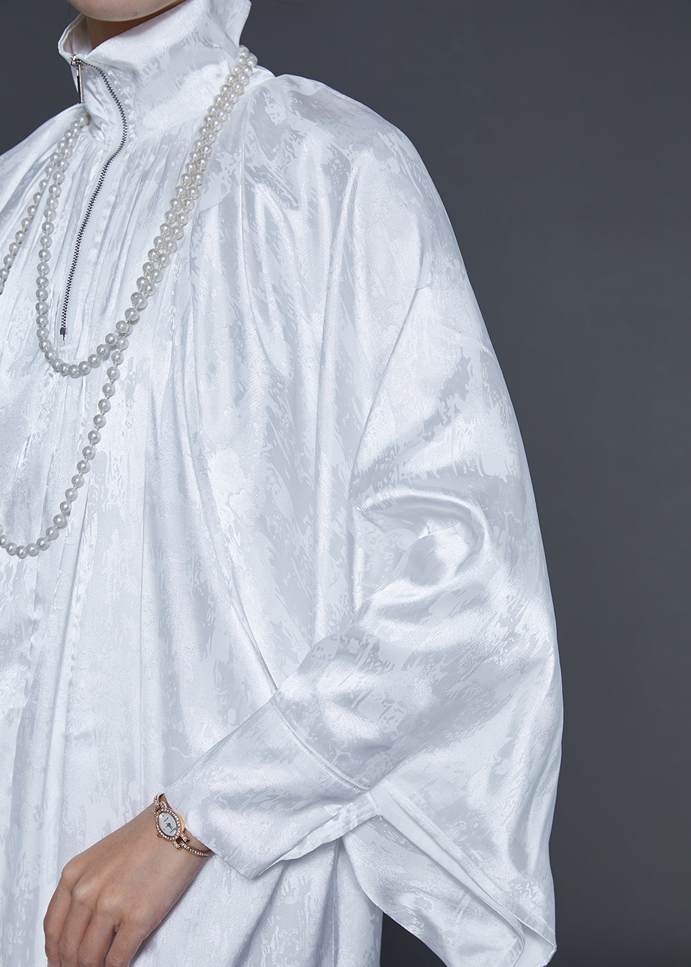 White Zip Up Jacquard Wear on Both Sides Silk Long Dress Fall