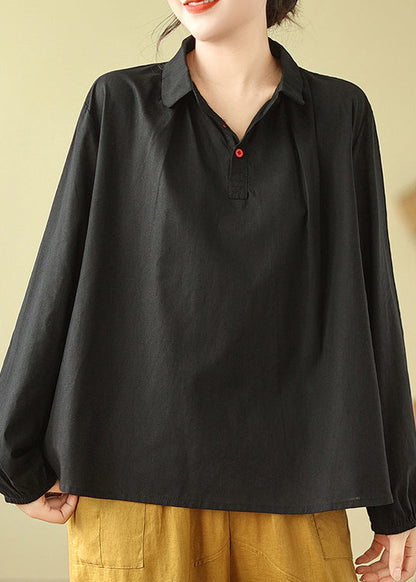 Black Peter Pan Collar Wrinkled Cotton Shirts Fall