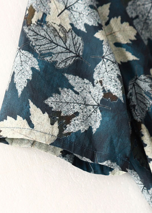 Blue V Neck Print Tie Waist Cotton Dress Summer