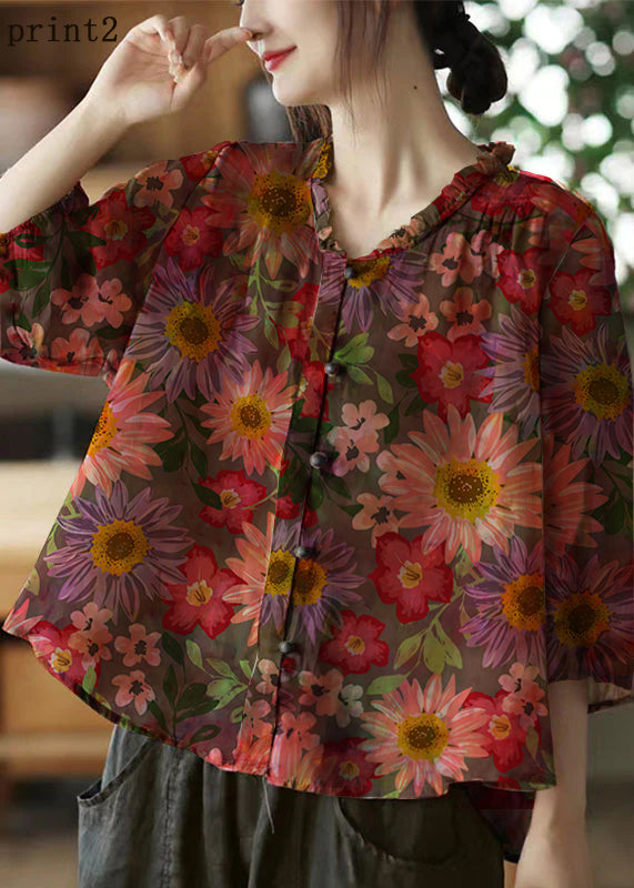 Pink-print3 V Neck Ruffled Print Linen Blouse Top Half Sleeve