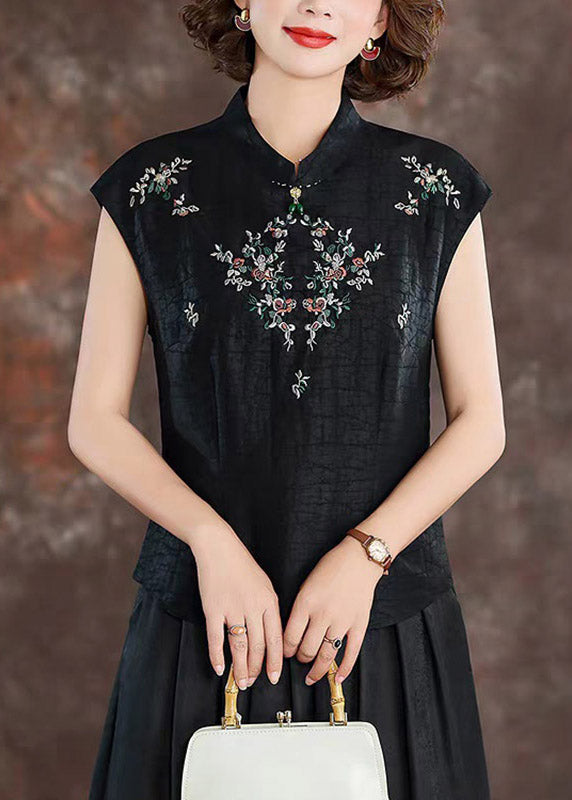 Retro Black Stand Collar Embroidered Silk T Shirt Summer