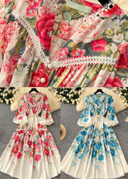 Blue Patchwork Lace Dress Tie Waist Lantern Sleeve