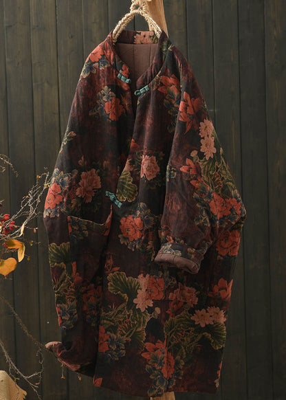Red Pockets Print Oriental Button Fine Cotton Filled Coat Winter