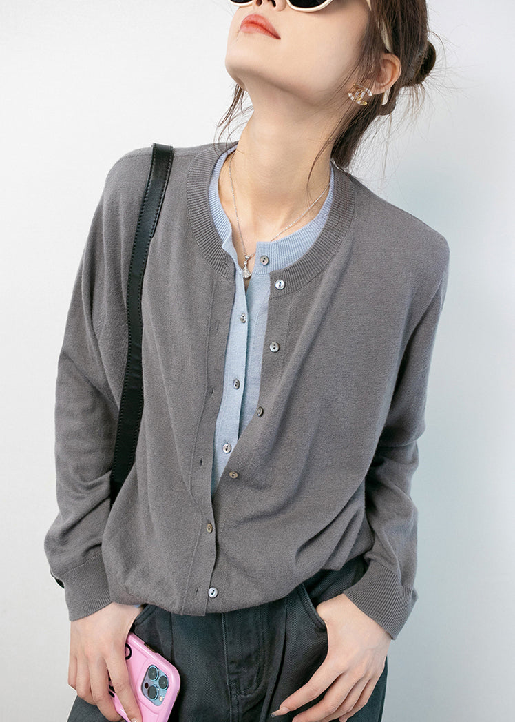 Grey O Neck Button Cotton Knit Coats Long Sleeve