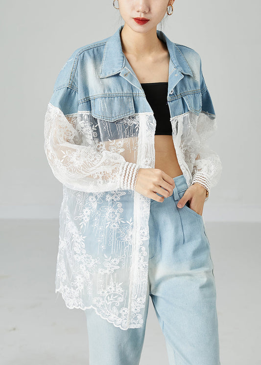 Classy Colorblock Embroidered Patchwork Hollow Out Denim Coat Outwear Summer