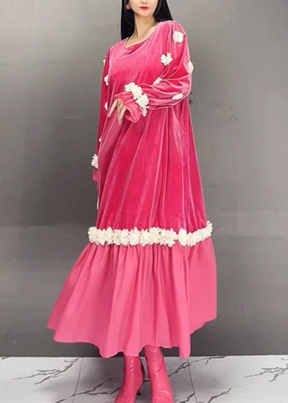 Boutique Red O-neck Embroidered Silk Velvet Long Dresses Fall