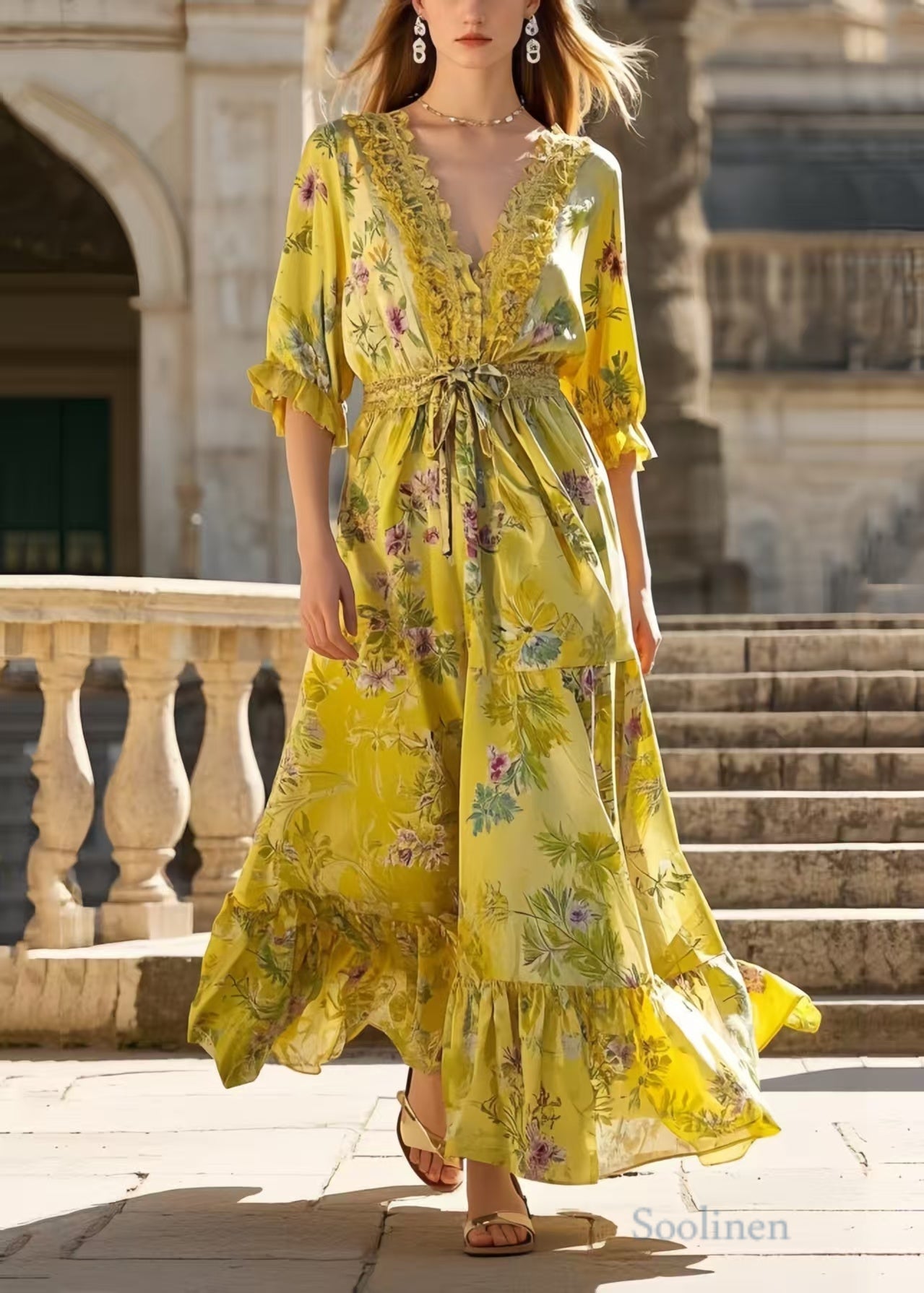 Yellow Ruffled Print Silk Tunic Dress Summer