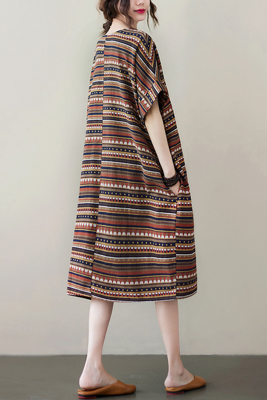 Summer Retro Coffee Striped Dress Cotton Linen Short-sleeved Long Dress