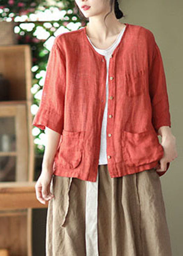 Red O-neck Pockets Linen Loose Cardigans Half Sleeve