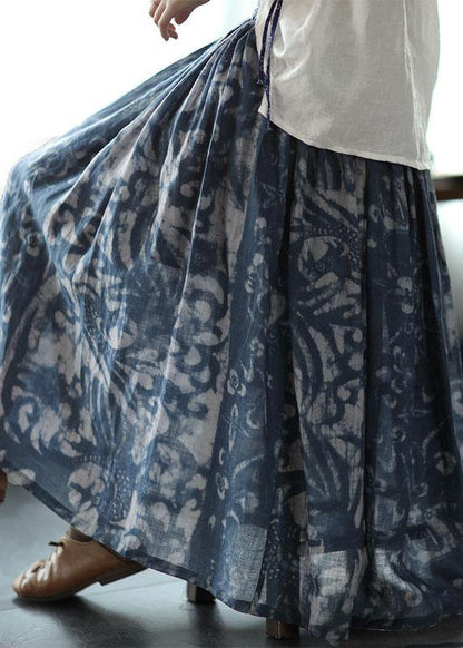 Navy Print Ramie Elastic Waist Skirt