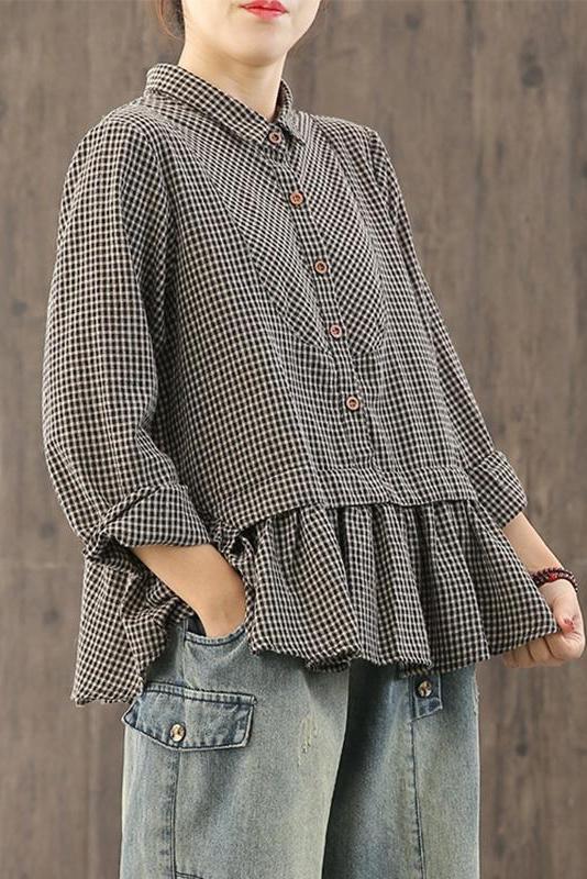 Limited Stock- Loose Plaid Ruffle Splicing Cotton Linen Shirt