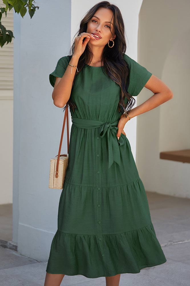 Simple Color Cotton Short Sleeve A-line Dress