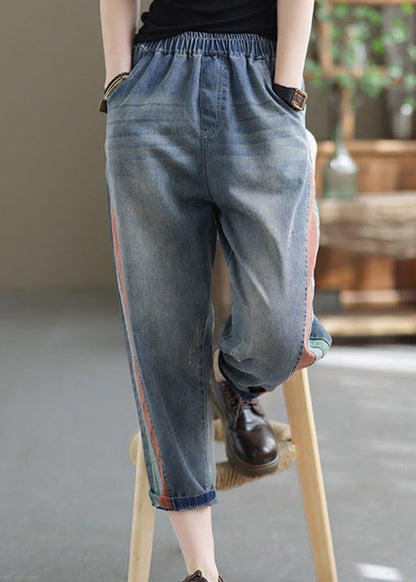 Blue Pockets Elastic Waist Denim Crop Pants Summer