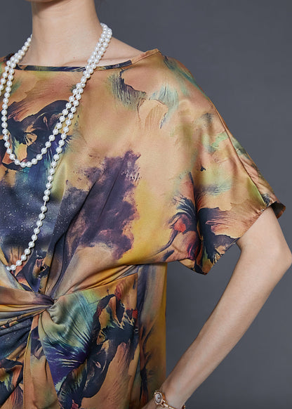 Khaki Asymmetrical Print Silk Tops Summer