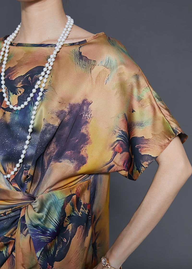 Khaki Asymmetrical Print Silk Tops Summer