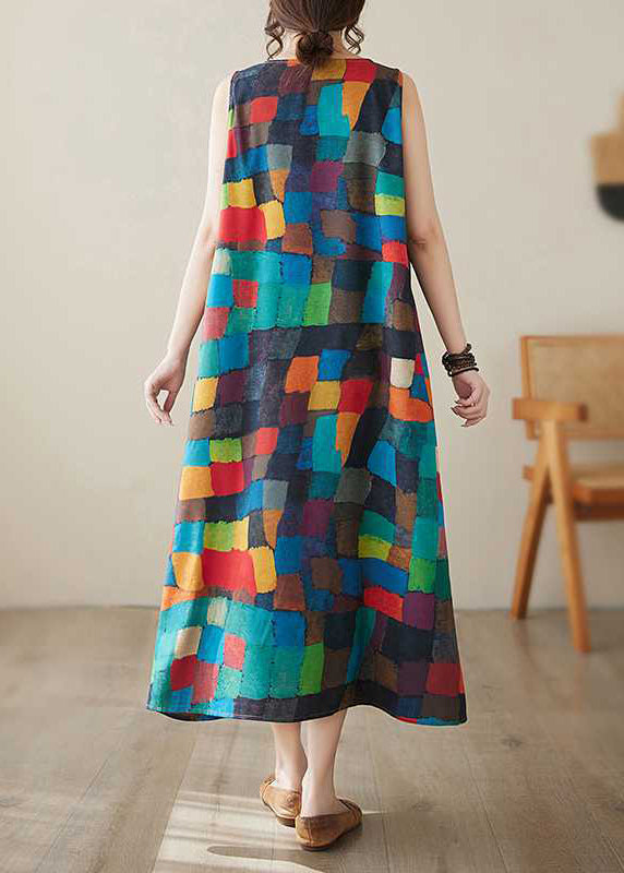 Rainbow Plaid O-neck Maxi Dress Summer