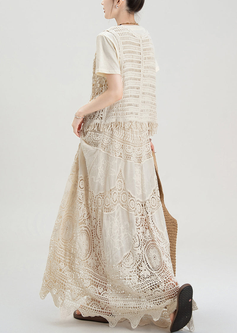 Apricot Hollow Hook Flower Vest T-shirt Skirt Set Summer
