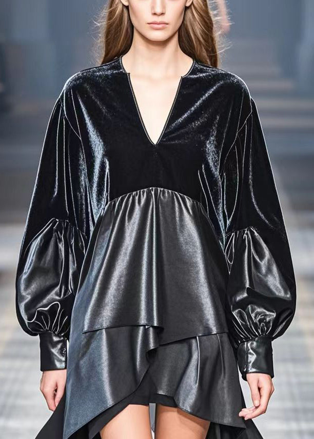 French Black Asymmetrical Pu Patchwork Faux Leather Long Tops Fall