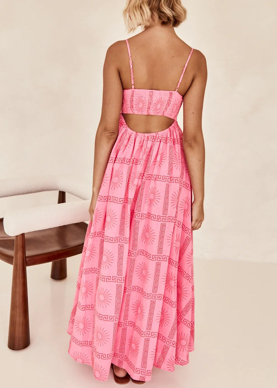 French Pink Print Hollow Out Cotton Spaghetti Strap Dress Summer