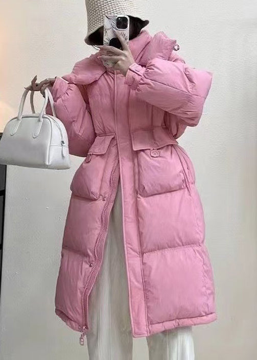 Stylish Pink Pockets Drawstring Duck Down Puffer Hooded Parkaer Winter