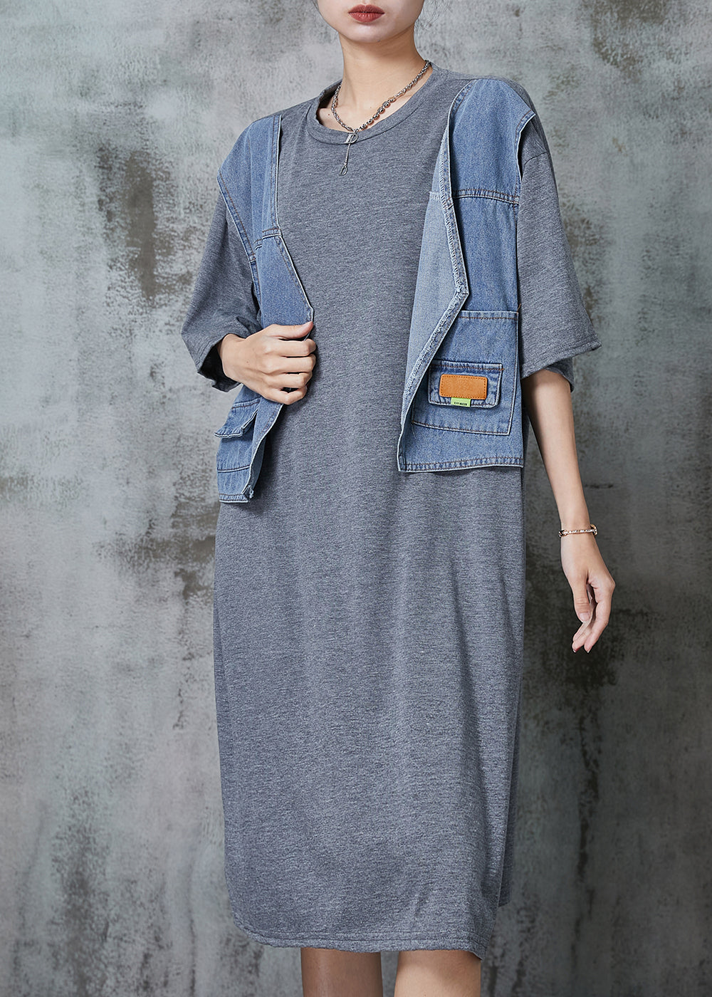 Grey Oversized Patchwork Cotton Robe Dresses Summer