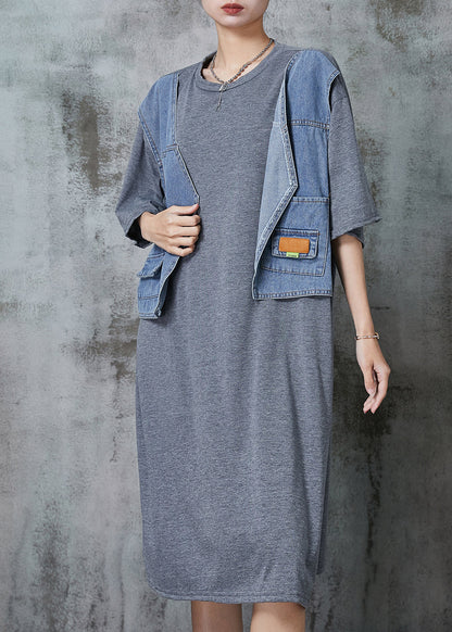 Grey Oversized Patchwork Cotton Robe Dresses Summer