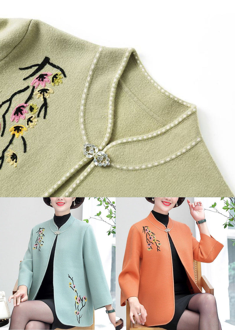 Light Green Stand Collar Embroideried Woolen Loose Cardigan Fall