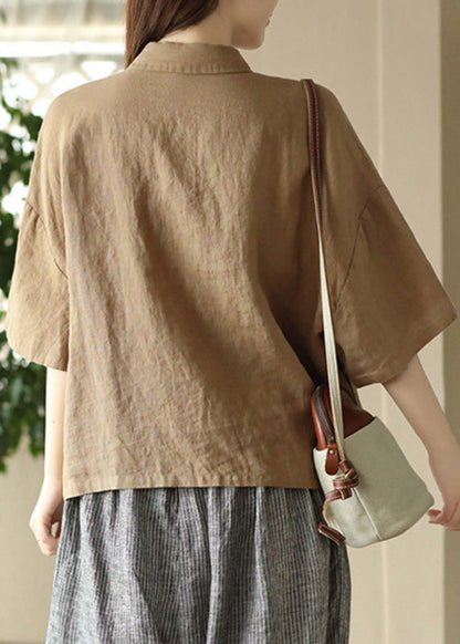 Simple Khaki Patchwork Button Linen Shirts Half Sleeve
