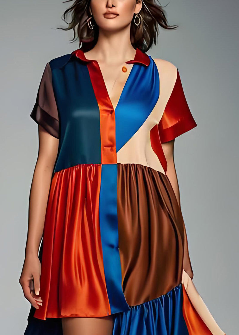 Colorblock Asymmetrical Patchwork Silk Dress Summer
