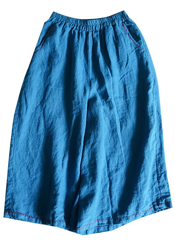 Blue Pockets Linen Wide Leg Pants Summer
