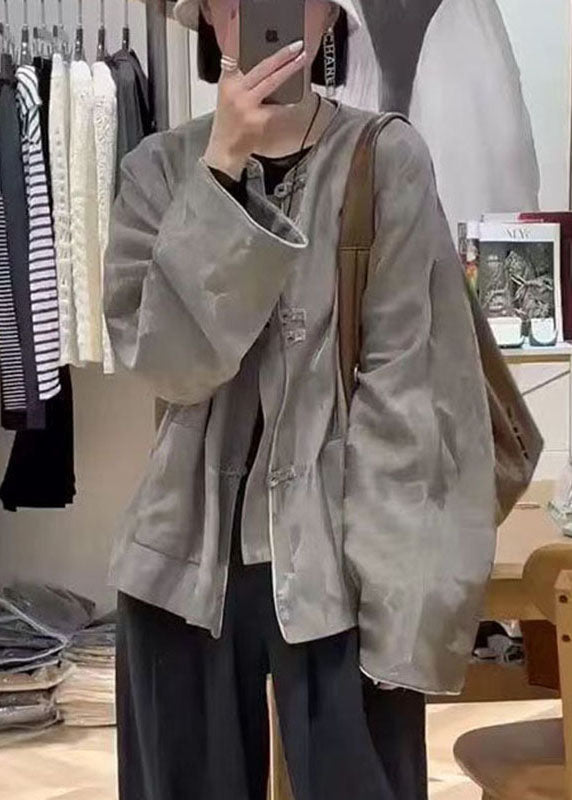 Jacquard Grey O-neck Pockets Coats Spring