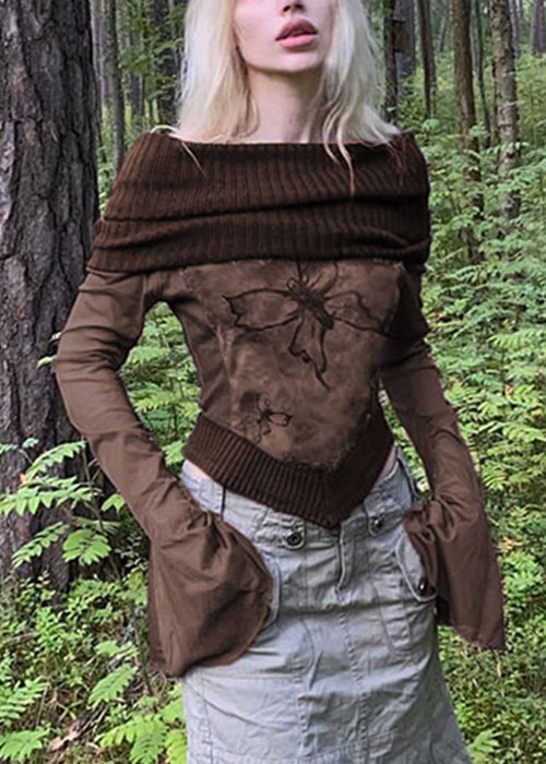Brown Print Knit Patchwork T Shirts Flare Sleeve