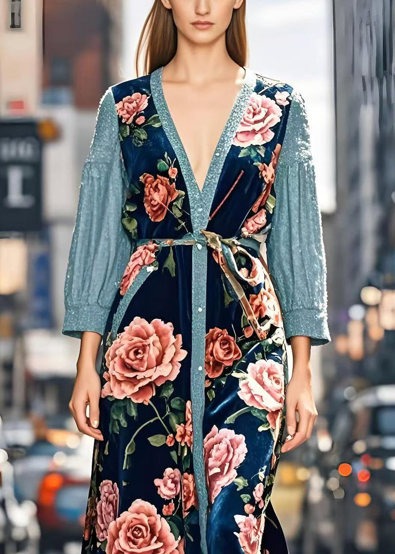 Art Peacock Blue Patchwork Silk Velvet Long Dresses Spring