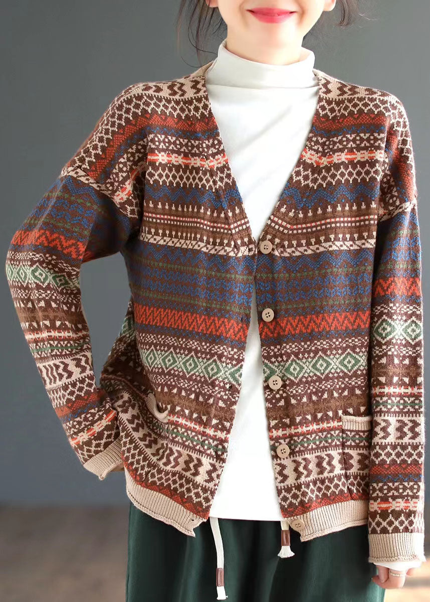 Handmade Yellow Loose V Neck Print Button Fall Knit Cardigan Long Sleeve