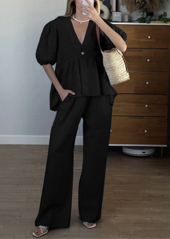 Brief Blue V Neck Shirts and Wide Leg Pants Two Piece Set Short Sleeve