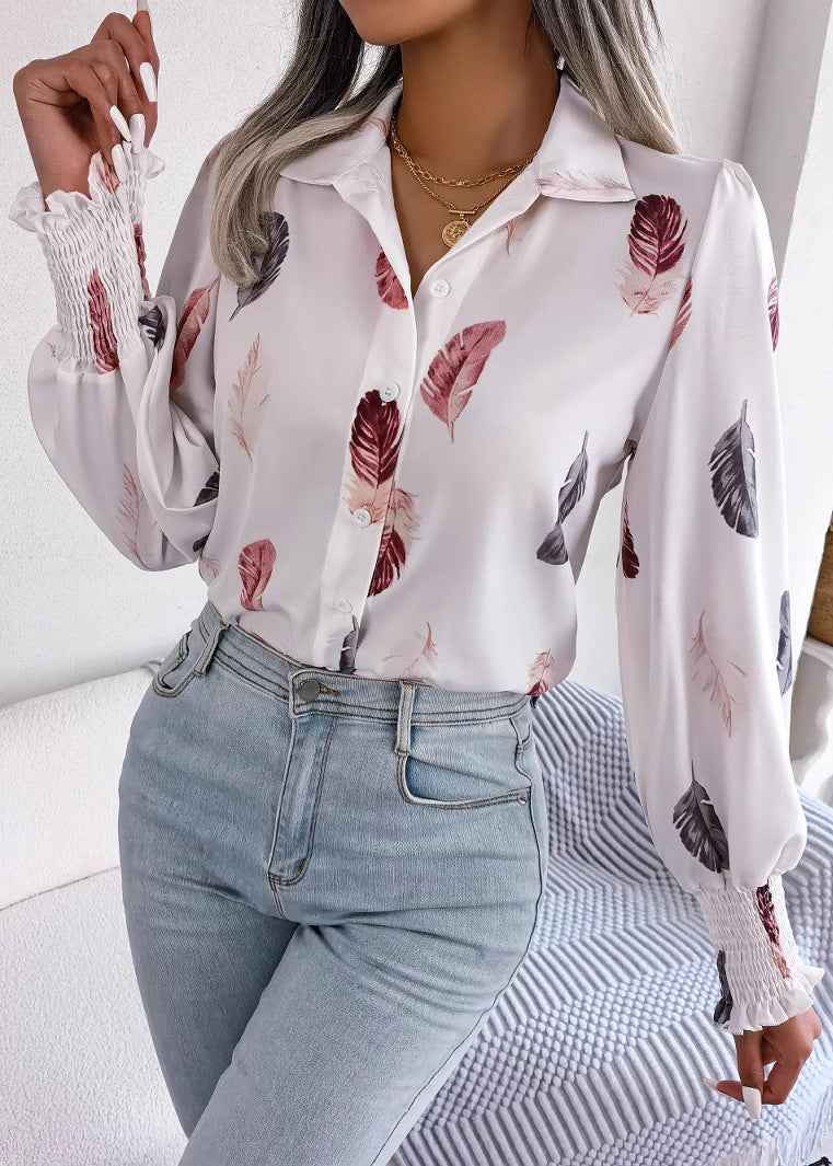 French White Peter Pan Collar Feathers Print Chiffon Shirt Spring